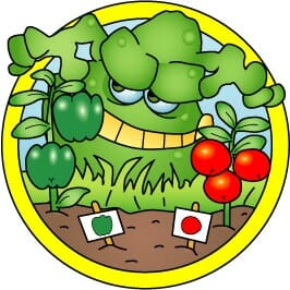 BAC cartoon character in a vegetable garden