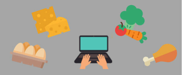 Cartoon image of computer and eggs, cheese, meat and vegetables