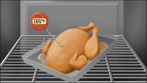 cartoon of a whole chicken in an oven with a meat thermometer at 165 degrees in it.